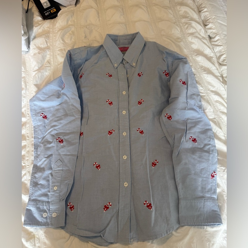Women’s Castaway button down with embroidered candy canes